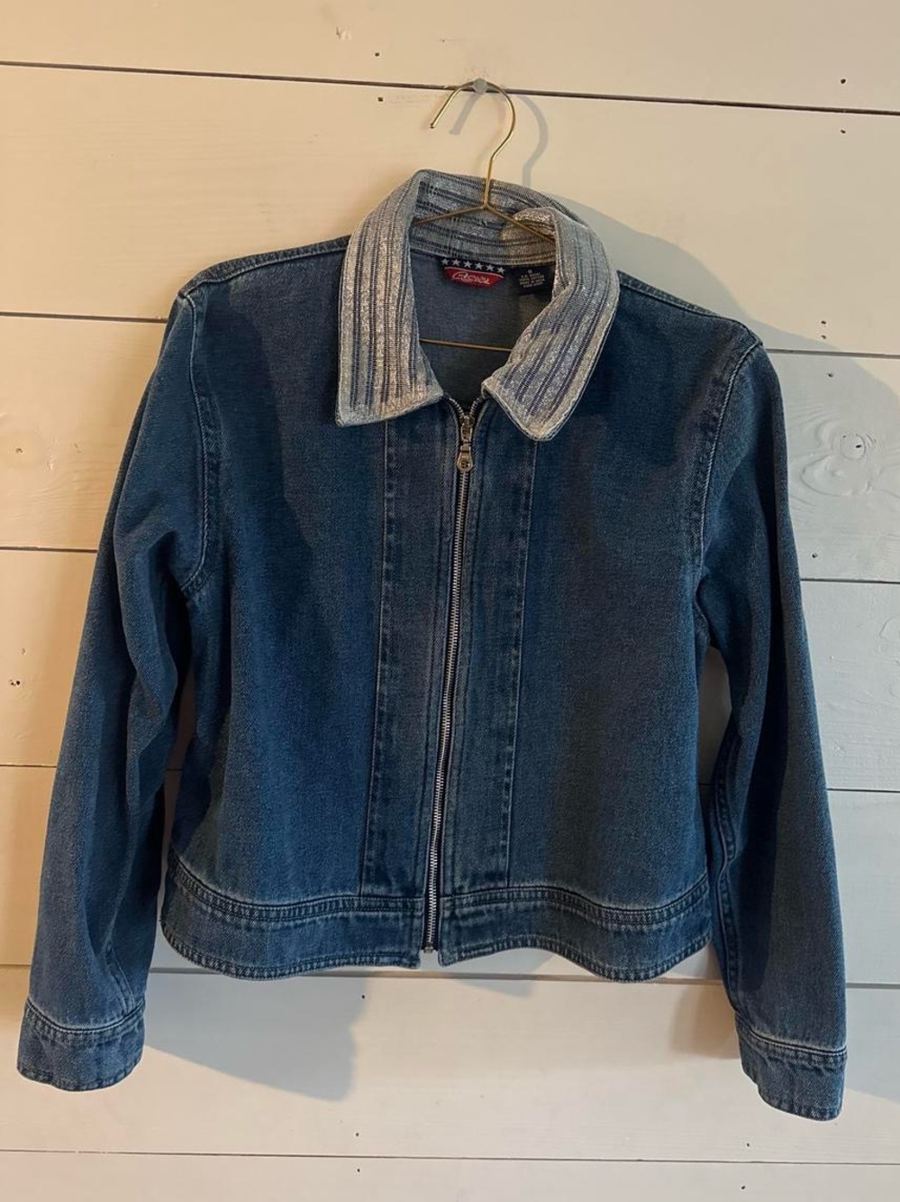 Women's Dark Blue Denim Zip-Front Jacket with Light Striped Collar